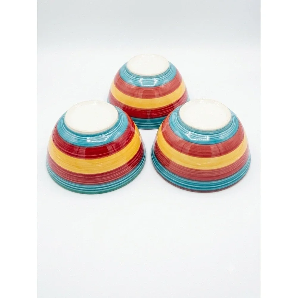 Swirl Hand Painted Ceramic‎ Bowls Set of 3 Striped Red Green Yellow Fiesta Style